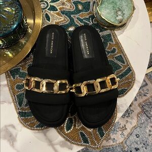 Good American Black Sandals with Gold Chain Accent
